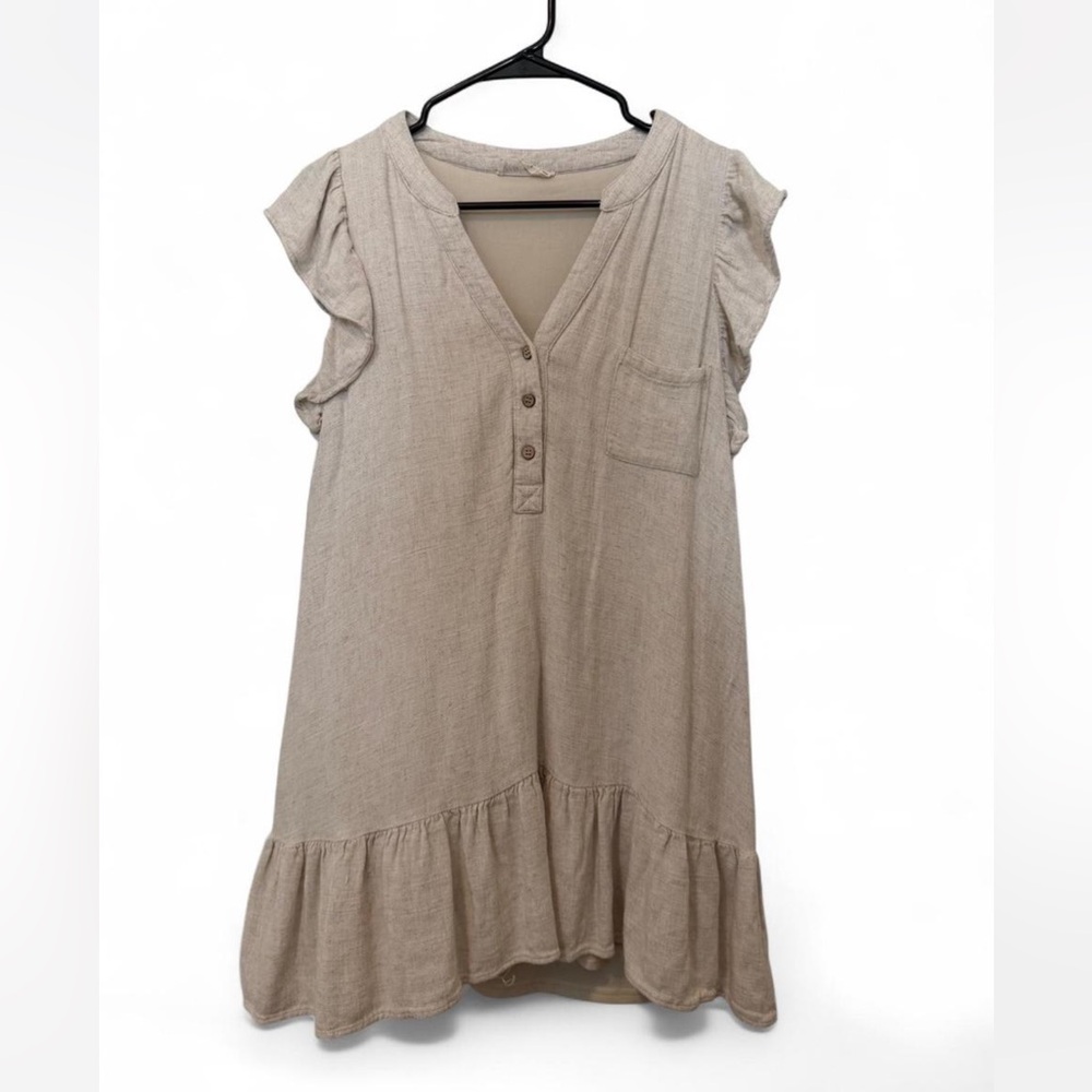 Beige Linen Ruffle Sleeve Dress size medium peplum hem button front